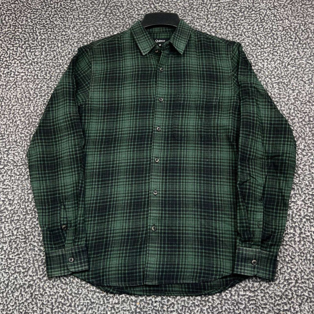 Quince Button Down Shirt Men Medium Green Black Plaid Flannel 100% Cotton M